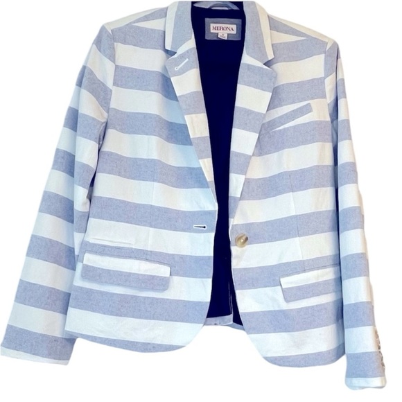 Merona Lined Chambray Blue and White Stripe Cotton Button Blazer Size 10 - Picture 4 of 11